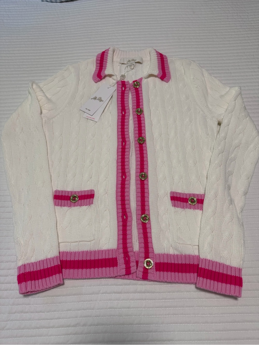 Cable Knit Cardigan with Pink Trim